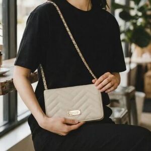 Bebe Sophia Crossbody Small Quilted Chain Strap Bag Purse Clutch in Sand Beige